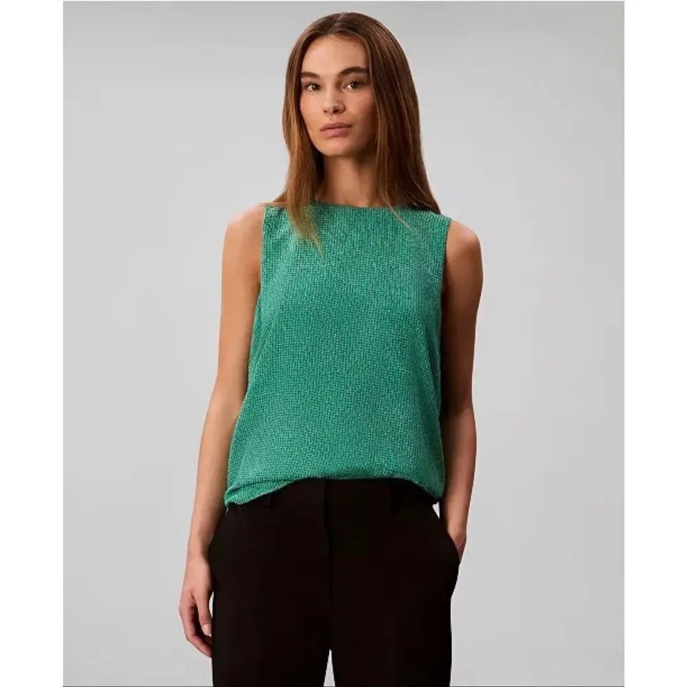 Calvin Klein Beige Printed Airy Chiffon Sleeveless Top Digital Green XS